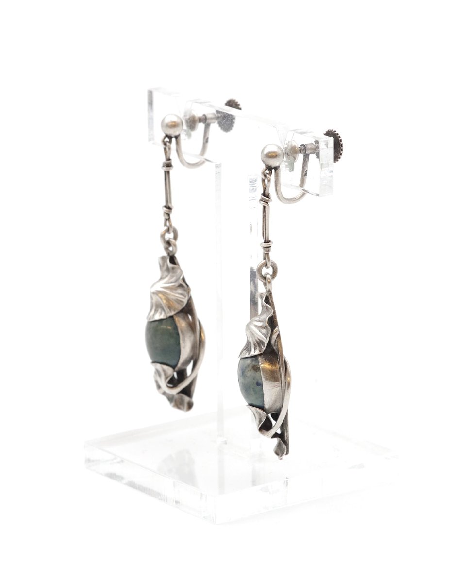 Paul Dumont Jasper Ginkgo Earrings In Silver, Art Nouveau -photo-2