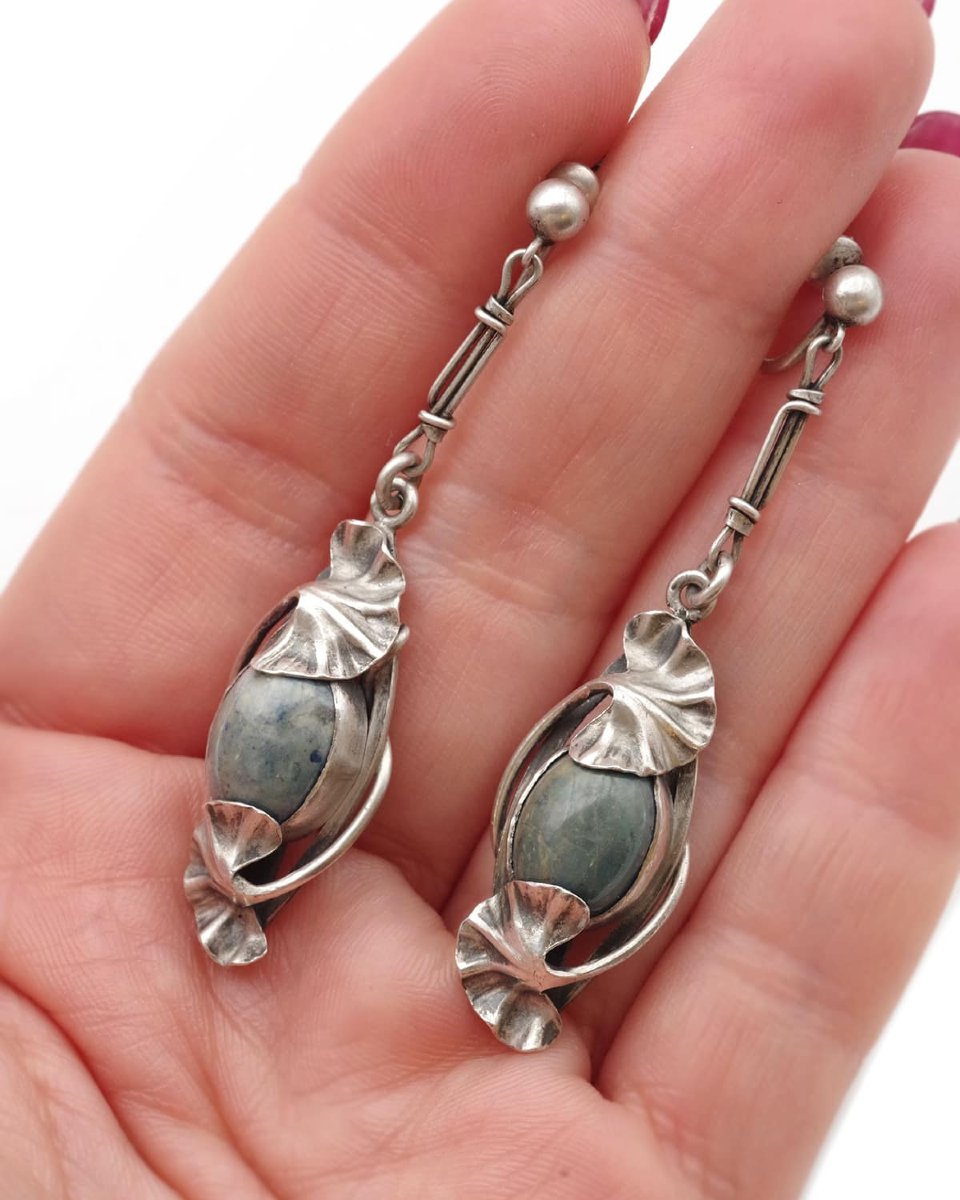 Paul Dumont Jasper Ginkgo Earrings In Silver, Art Nouveau -photo-3