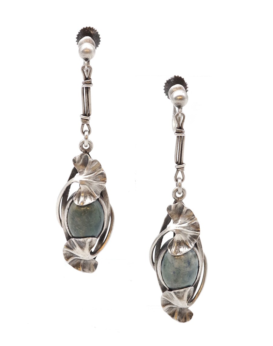 Paul Dumont Jasper Ginkgo Earrings In Silver, Art Nouveau 