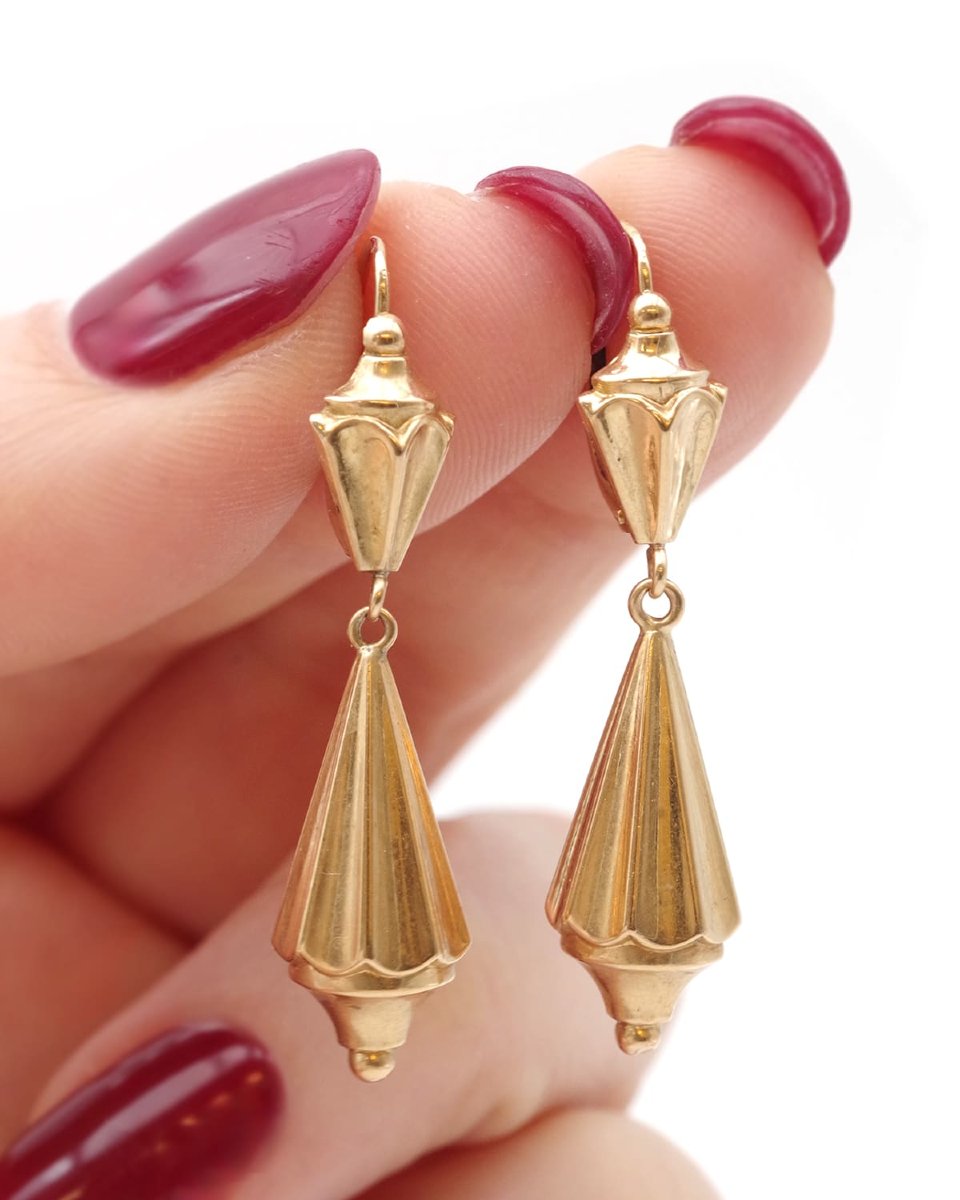 Antique Long French Fileuses Earrings In 18k Hollow Gold -photo-2