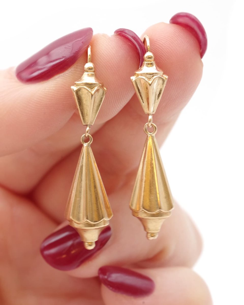 Antique Long French Fileuses Earrings In 18k Hollow Gold -photo-1
