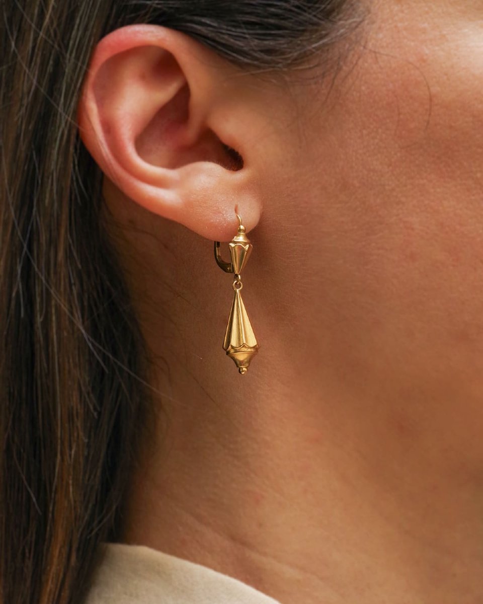 Antique Long French Fileuses Earrings In 18k Hollow Gold -photo-3