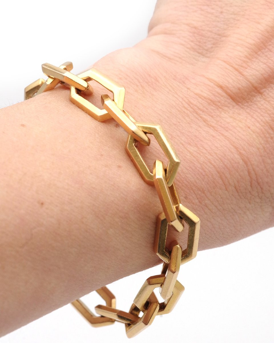 French Vintage Solid Gold Beveled Bracelet In 18k Gold-photo-2