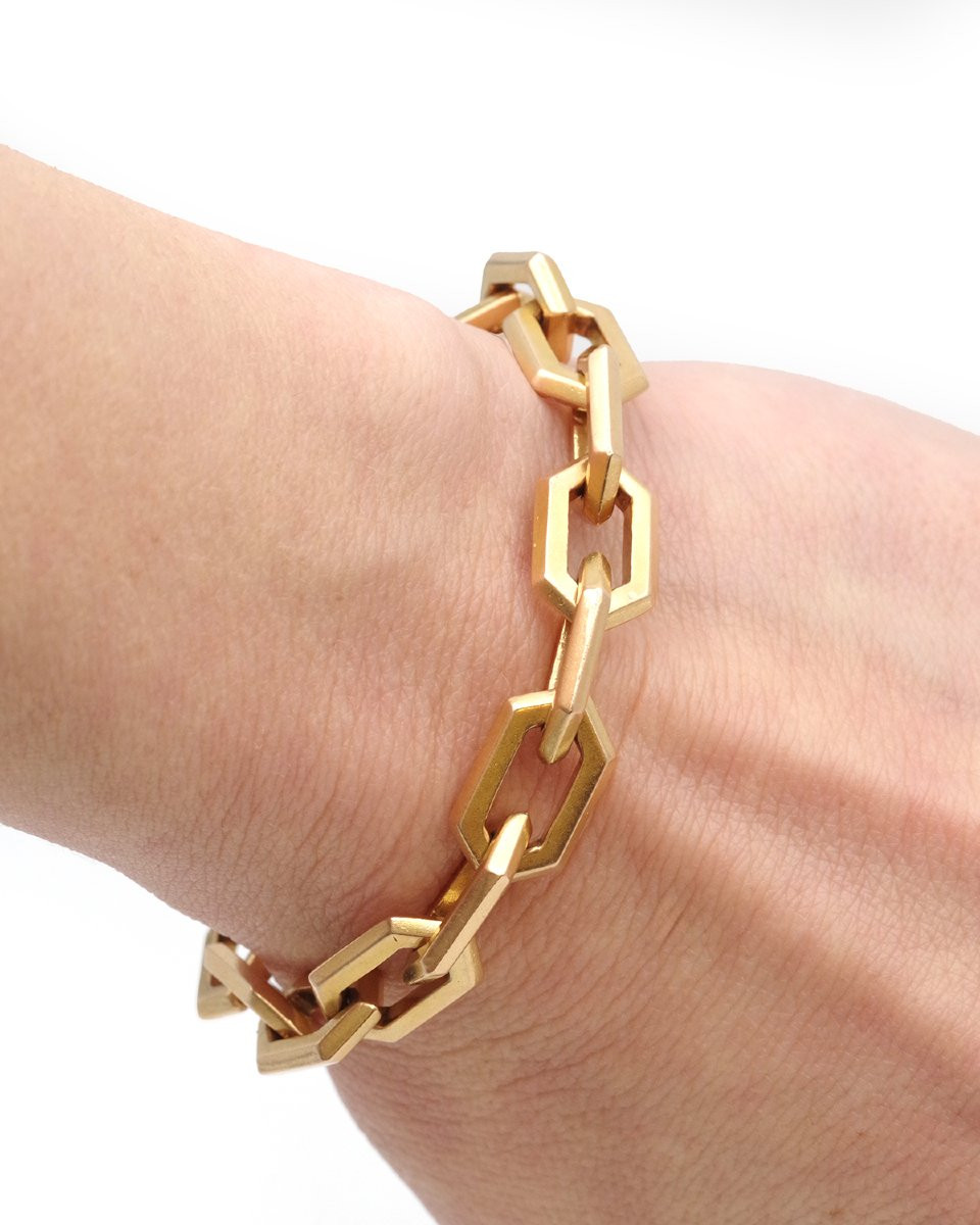 French Vintage Solid Gold Beveled Bracelet In 18k Gold-photo-3