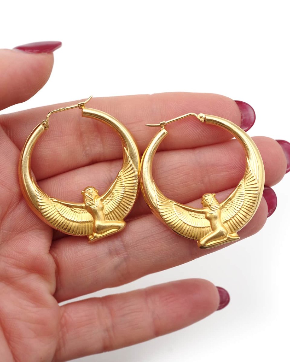 Créoles en or creux 18k déesse Isis Egyptomania, boucles d'oreille vintage-photo-3