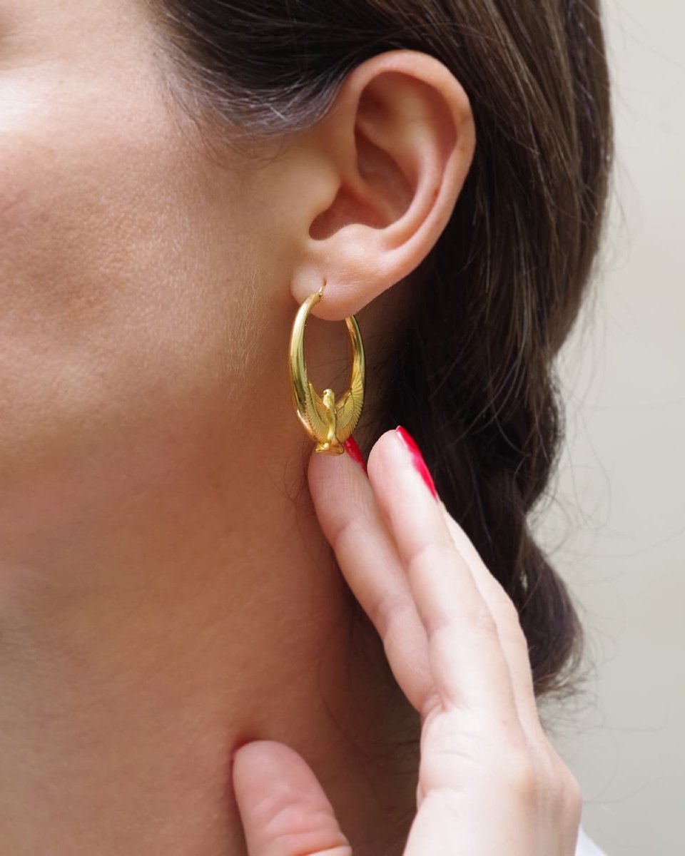 Créoles en or creux 18k déesse Isis Egyptomania, boucles d'oreille vintage-photo-1