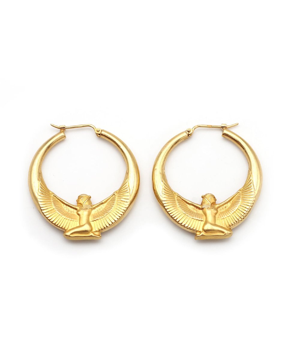 Créoles en or creux 18k déesse Isis Egyptomania, boucles d'oreille vintage-photo-2
