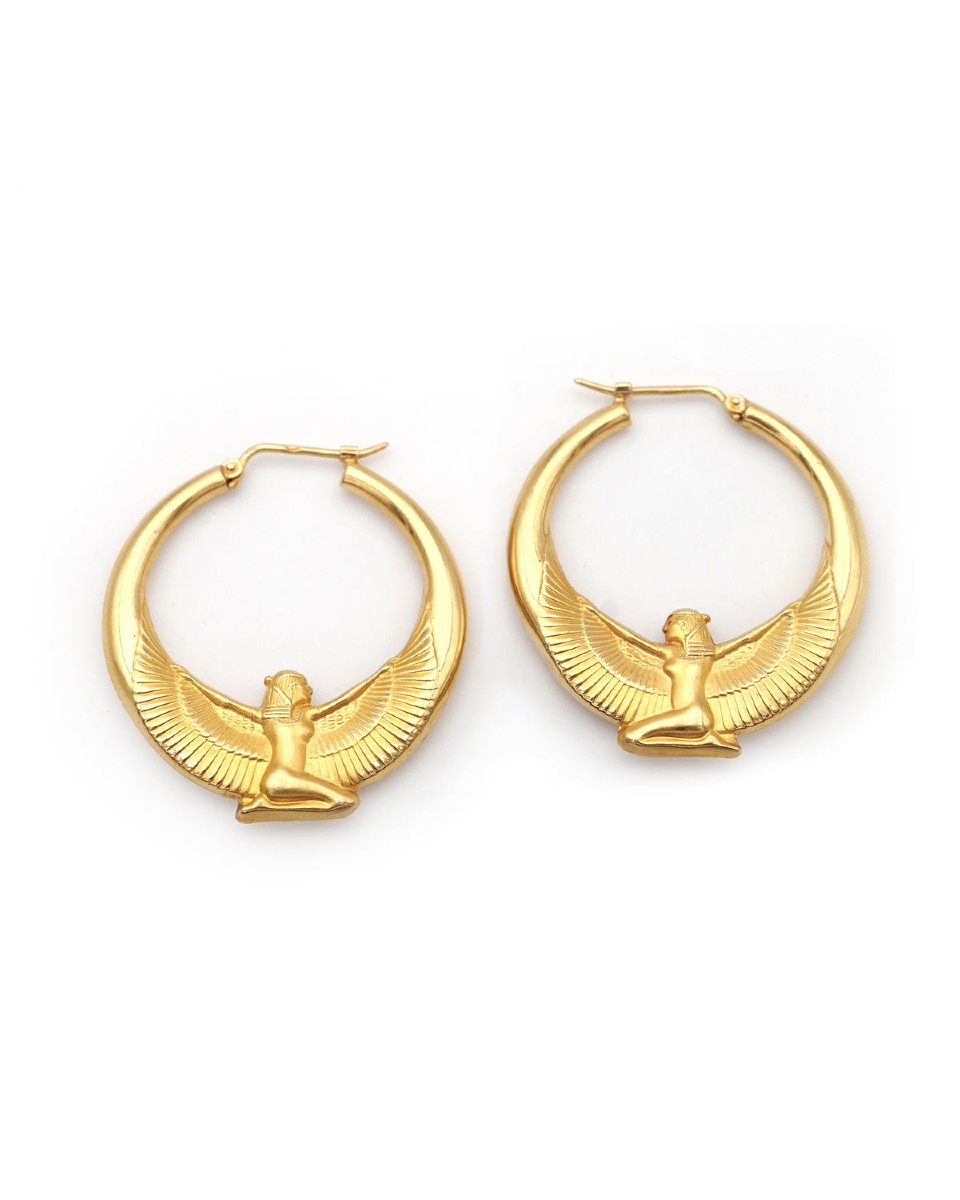 Créoles en or creux 18k déesse Isis Egyptomania, boucles d'oreille vintage