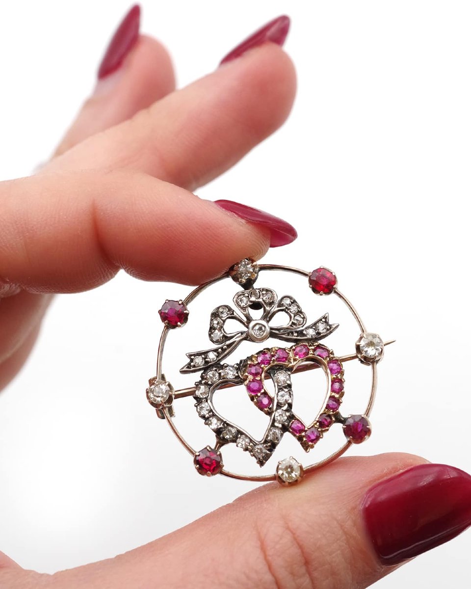 Victorian double heart sweetheart ruby diamond brooch in 14k rose gold -photo-3