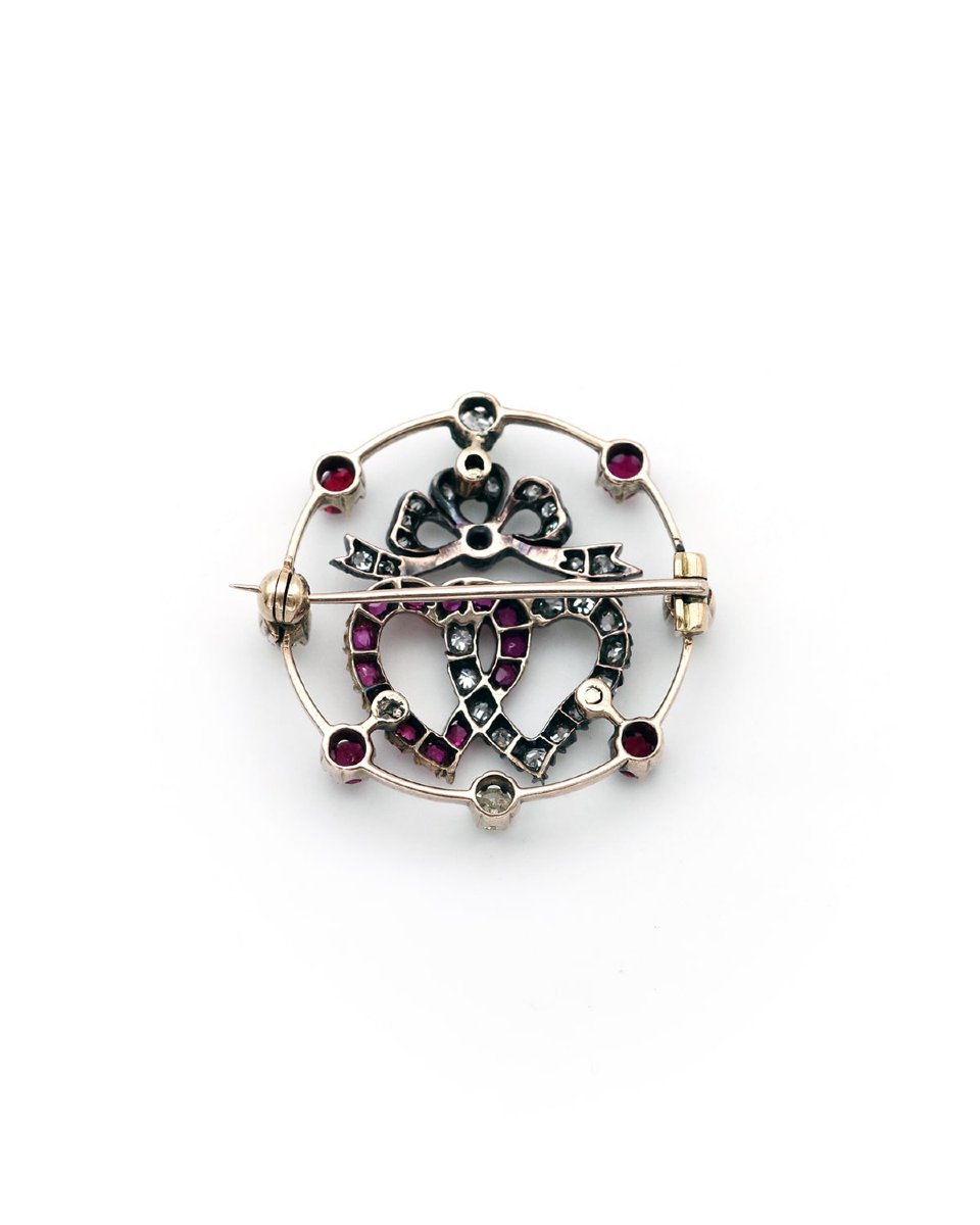 Victorian double heart sweetheart ruby diamond brooch in 14k rose gold -photo-4