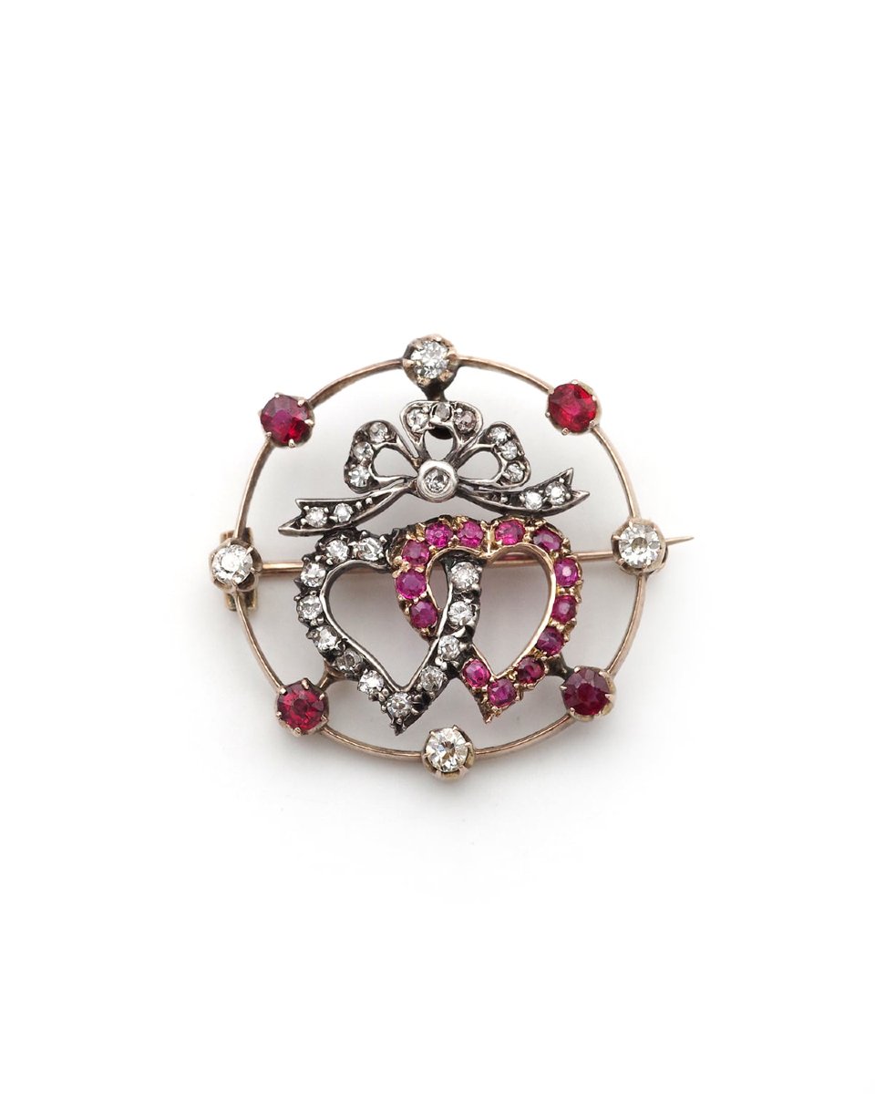 Victorian double heart sweetheart ruby diamond brooch in 14k rose gold -photo-2