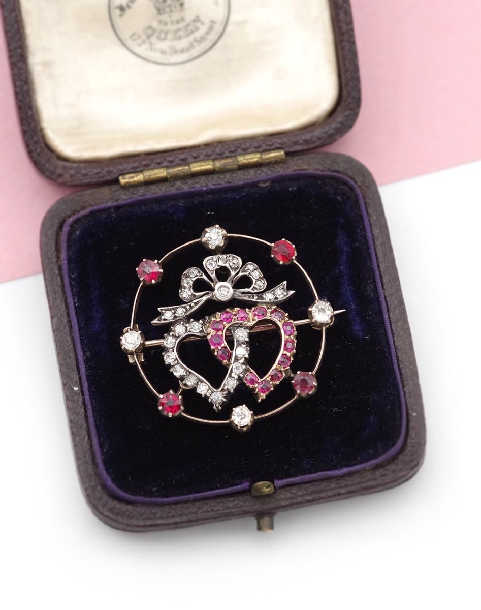 Victorian double heart sweetheart ruby diamond brooch in 14k rose gold 