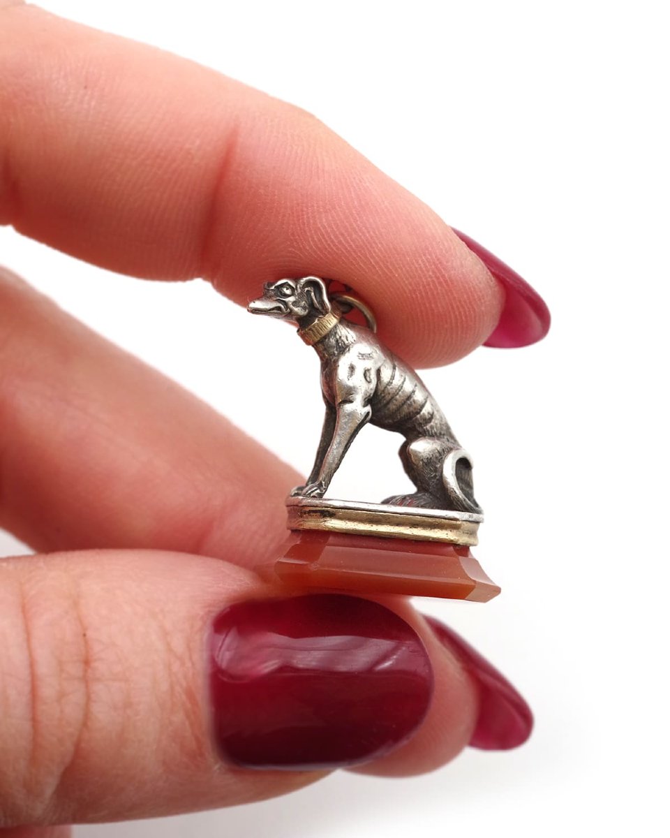 Pendentif cachet chien cornaline en argent et en or -photo-3