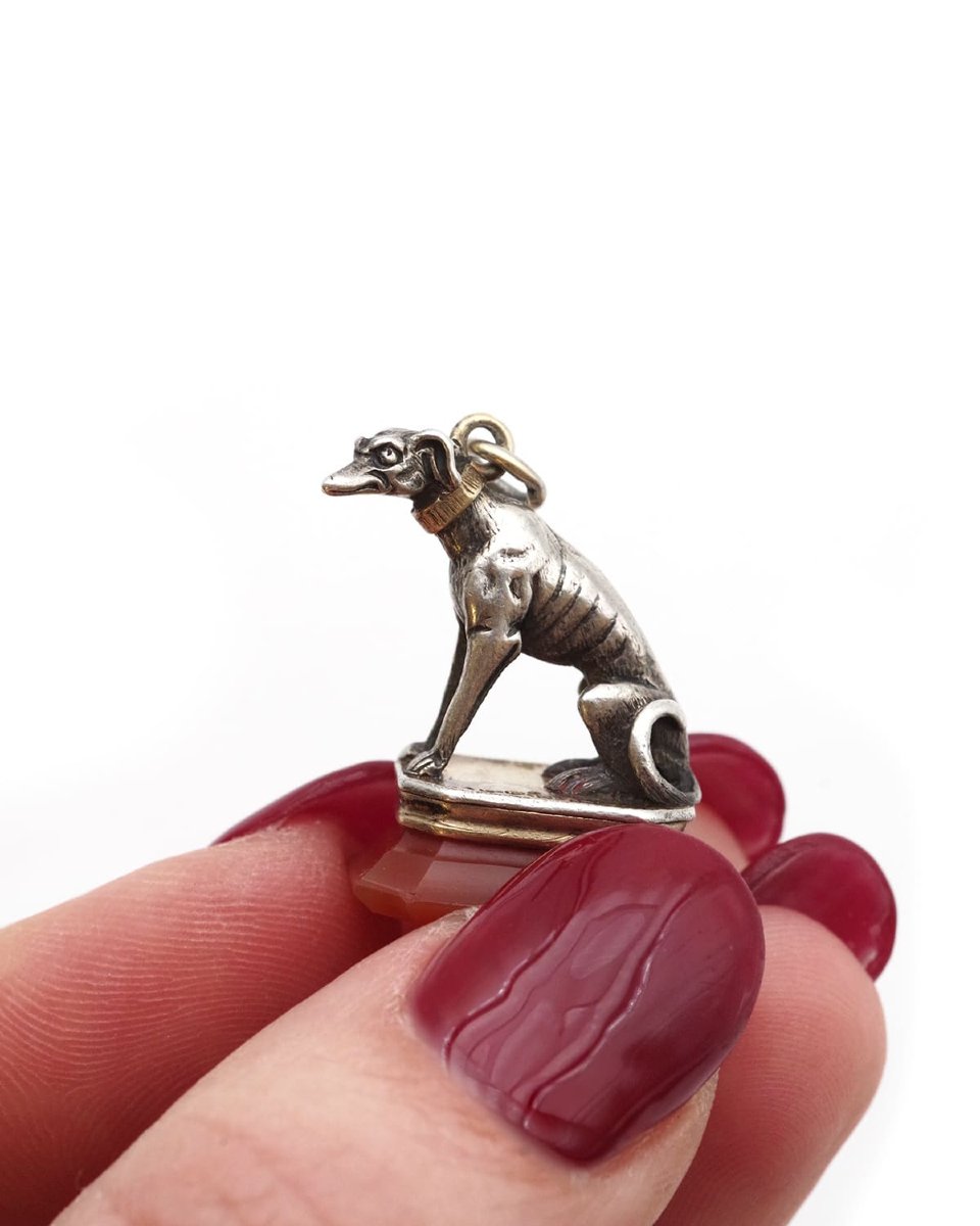 Pendentif cachet chien cornaline en argent et en or -photo-3