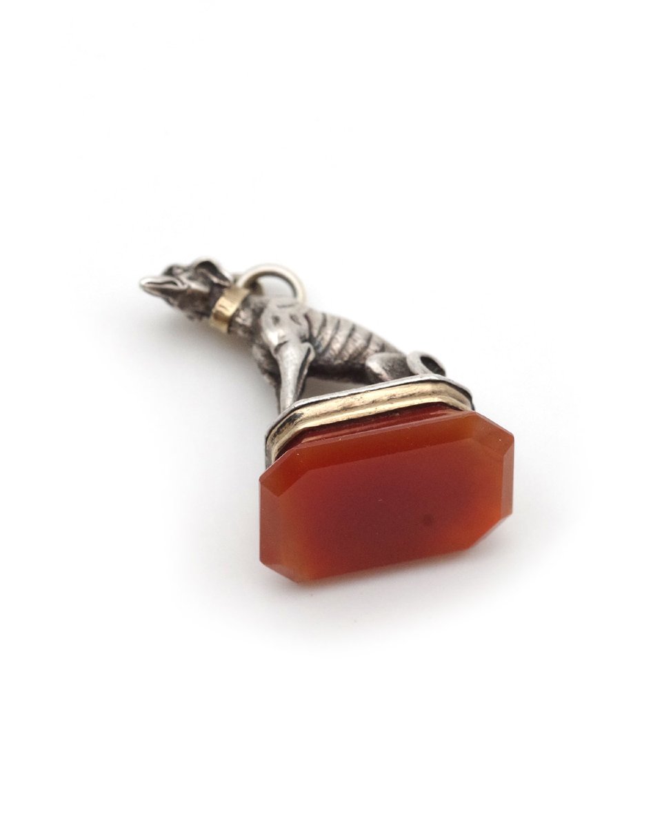 Pendentif cachet chien cornaline en argent et en or -photo-4