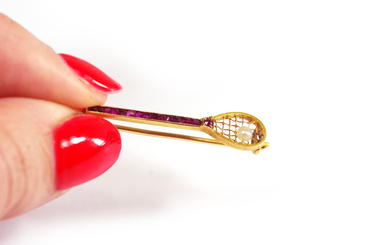 Broche Art Deco raquette de tennis en or 18k, sport, broche ancienne-photo-2