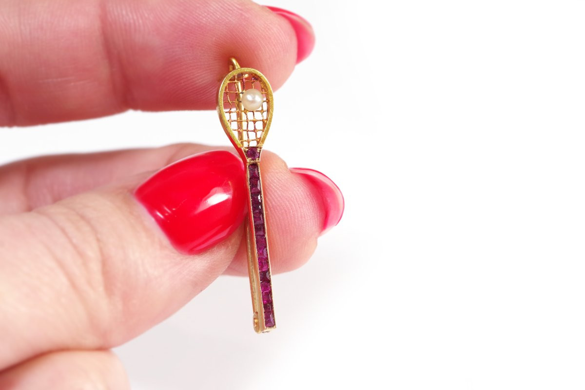 Broche Art Deco raquette de tennis en or 18k, sport, broche ancienne-photo-3