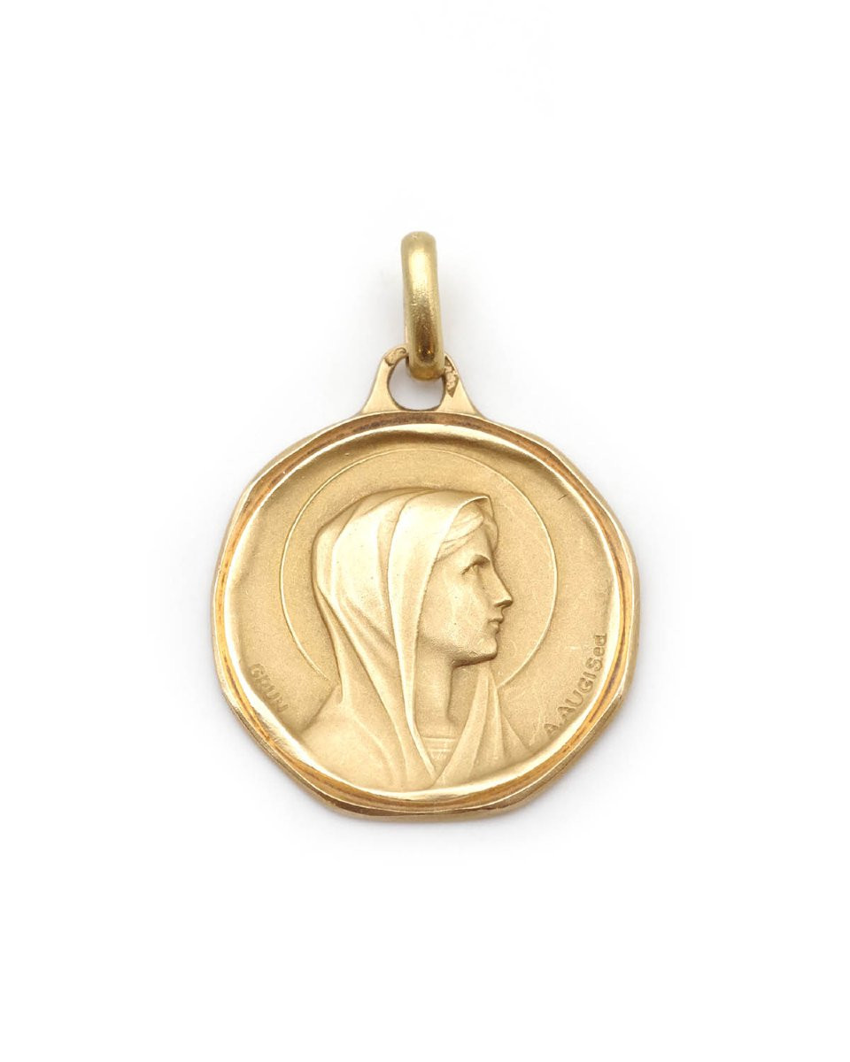 French Augis Virgin Mary Medal 18k Gold Religious Pendant Signed Grun 1960s -photo-1