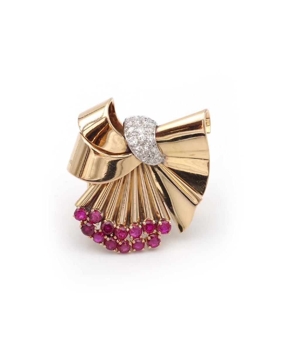 French Retro Convertible Bow Brooch Bracelet Ruby Diamonds In 18k Gold, 1940s Vintage Jewelry -photo-5