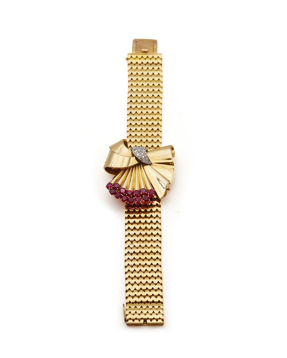 French Retro Convertible Bow Brooch Bracelet Ruby Diamonds In 18k Gold, 1940s Vintage Jewelry -photo-7