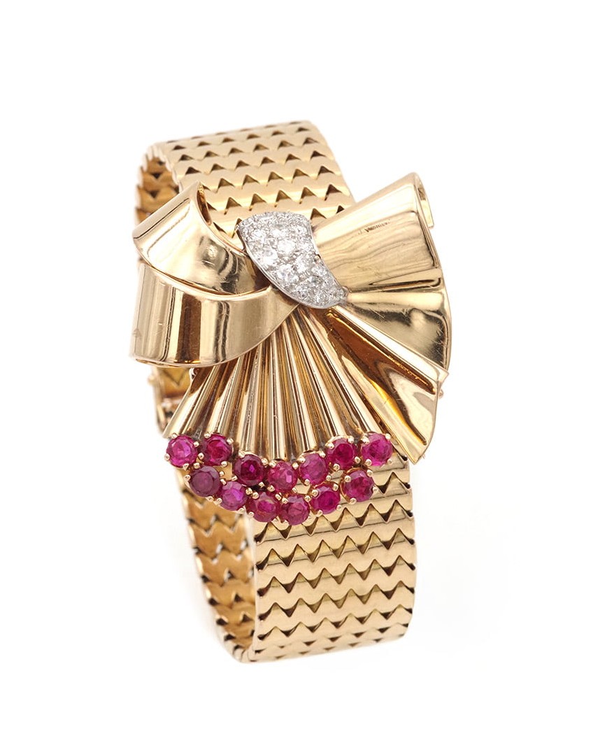 French Retro Convertible Bow Brooch Bracelet Ruby Diamonds In 18k Gold, 1940s Vintage Jewelry 