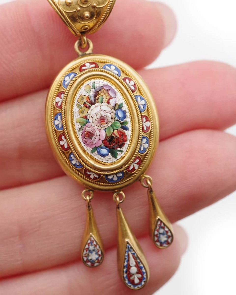 Pendentif micro-mosaïque fleurs en or 22 karats, Bulla, pendentif néo Etrusque-photo-1