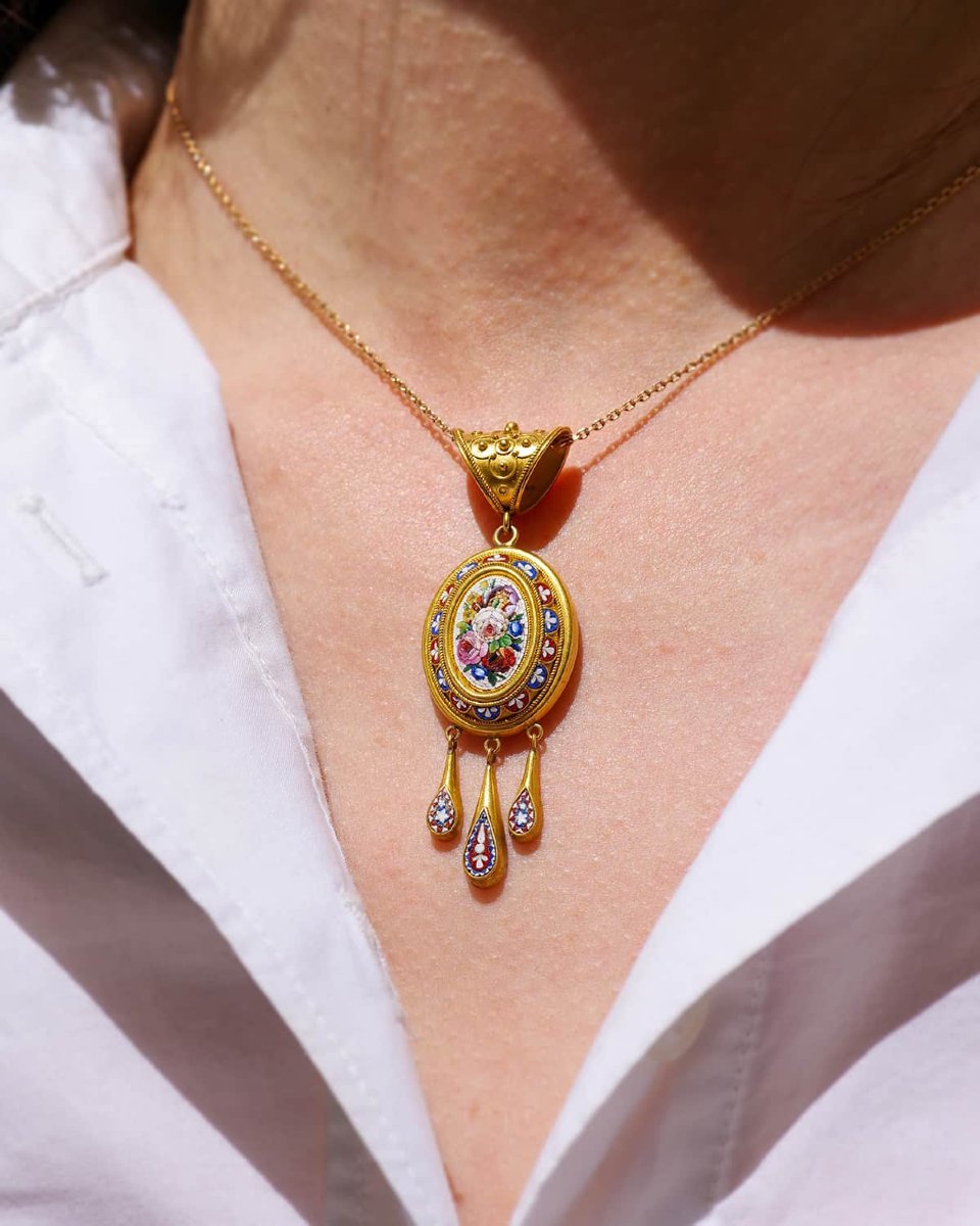 Pendentif micro-mosaïque fleurs en or 22 karats, Bulla, pendentif néo Etrusque-photo-3