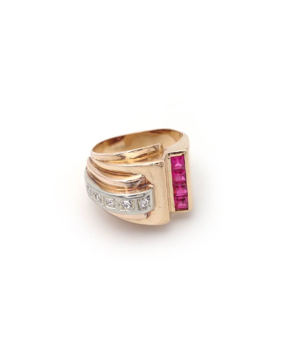 French Retro Tank Ring Diamonds Synthetic Rubies 18k Gold Platinum Circa 1945-photo-2