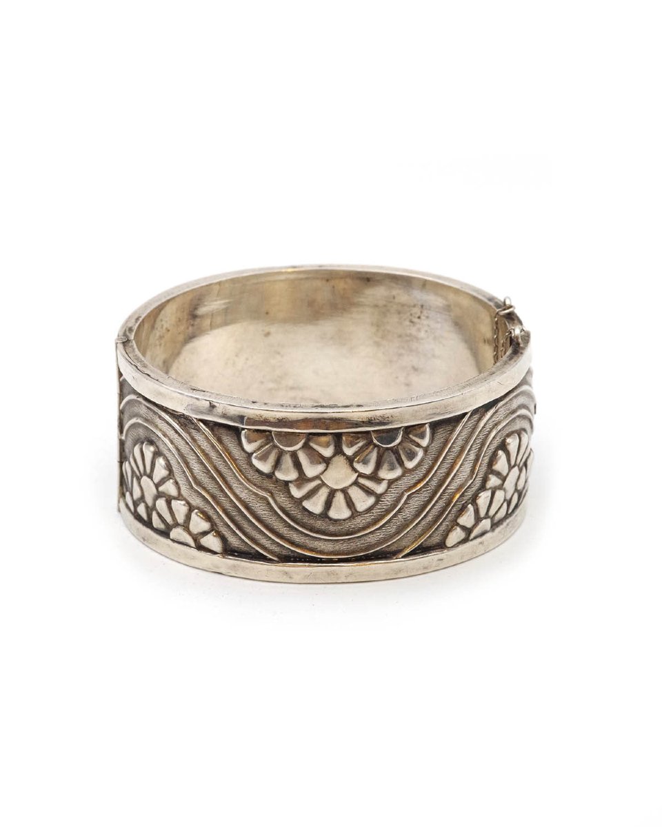 Bracelet manchette Art Deco en argent creux, fleurs -photo-2
