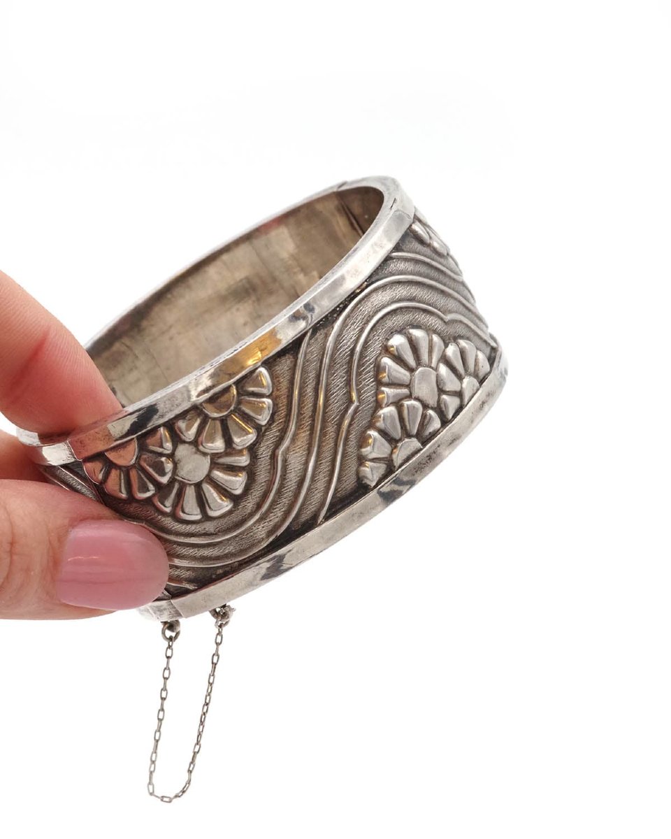 Bracelet manchette Art Deco en argent creux, fleurs -photo-3