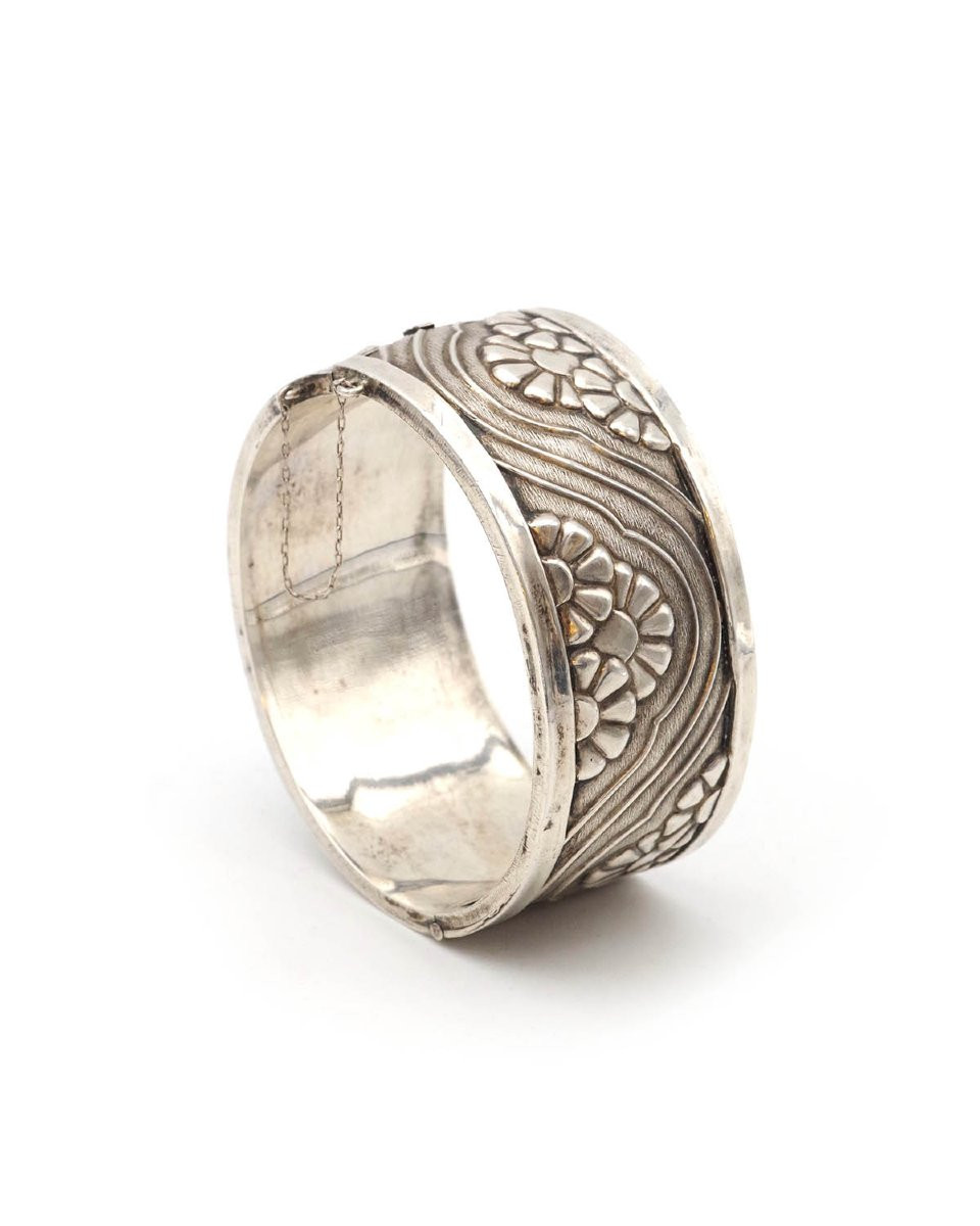Bracelet manchette Art Deco en argent creux, fleurs -photo-5