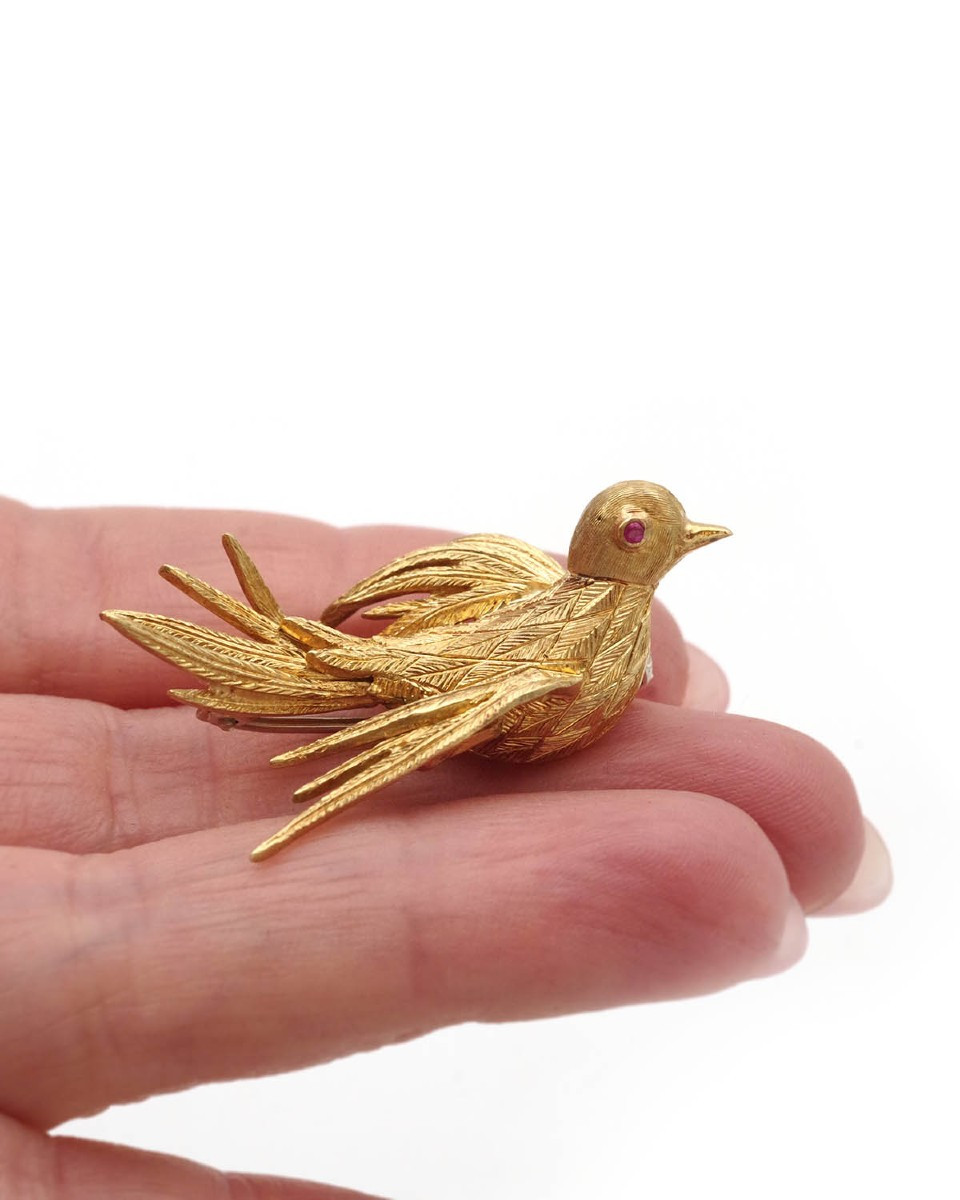 Vintage Bird Brooch Pin In 18k Gold, Animal Brooch 