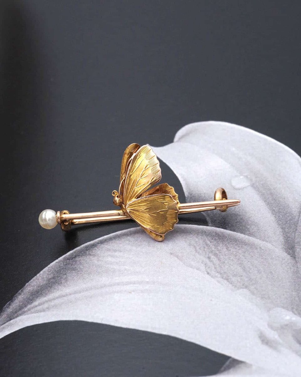 Antique French Butterfly Brooch Pin Gold Jewelry-photo-2