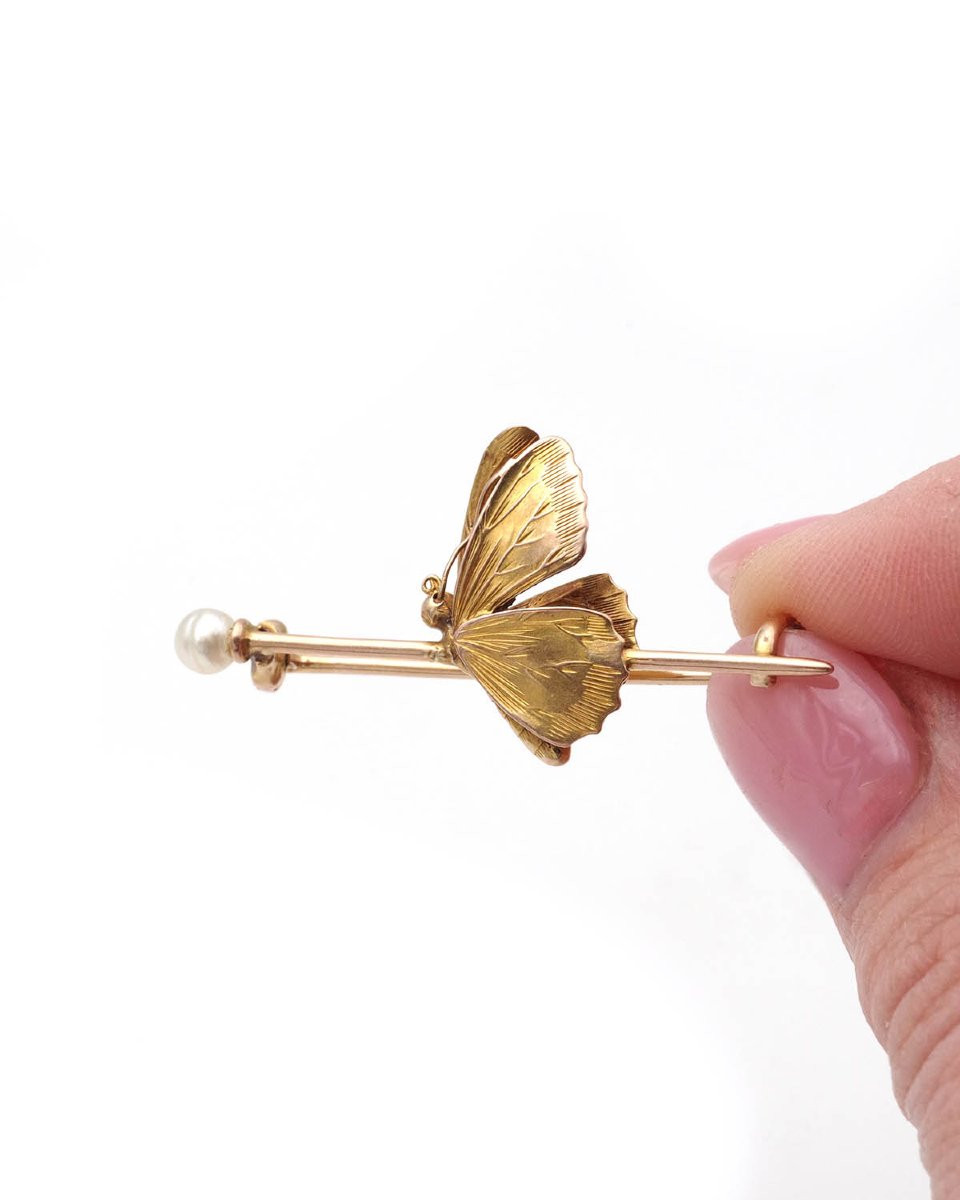 Antique French Butterfly Brooch Pin Gold Jewelry-photo-3