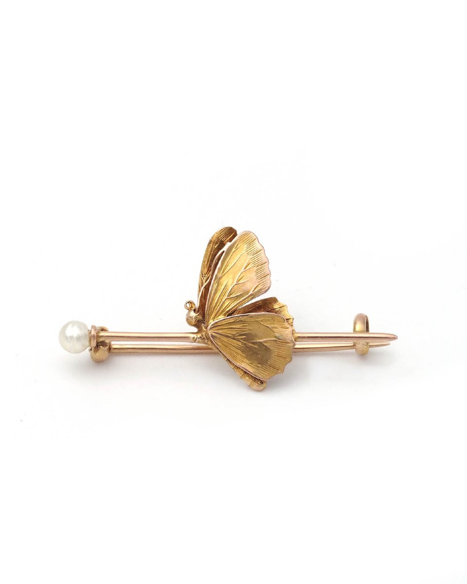 Antique French Butterfly Brooch Pin Gold Jewelry-photo-4