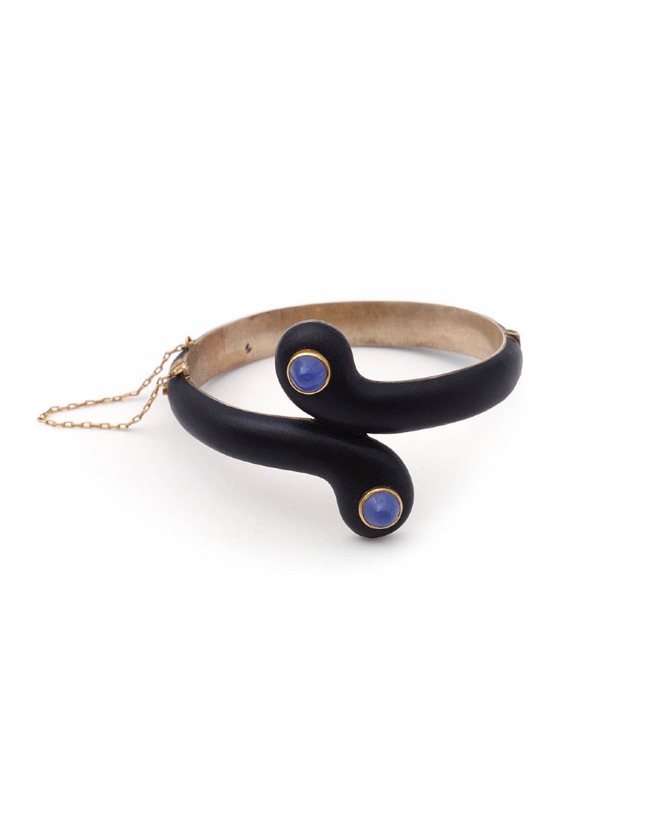 Bracelet jonc calcédoines bleues et émail noir en or 14 karats 