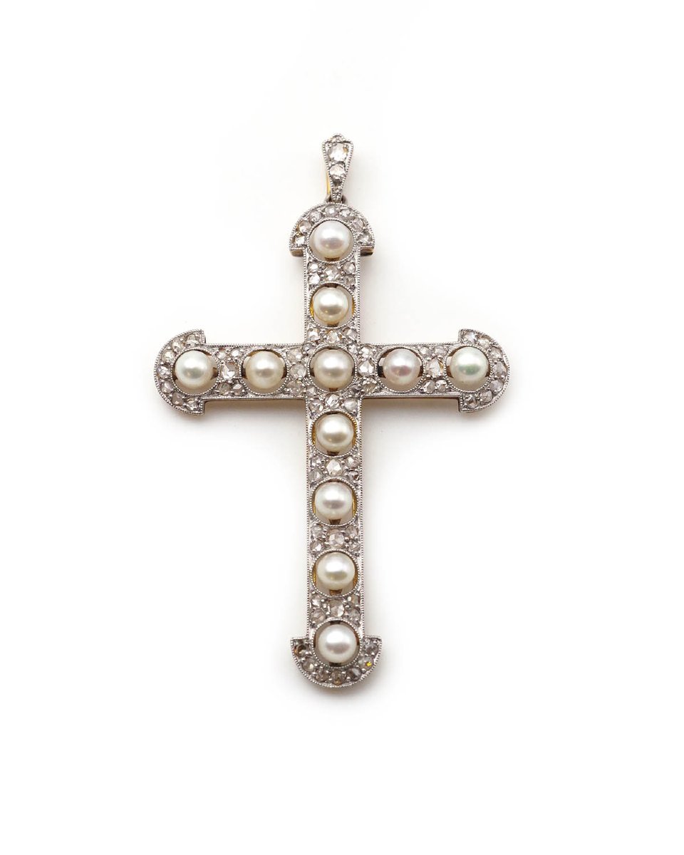 Large Pearl Diamond Cross Pendant In Platinum And 18 Karat Gold-photo-2