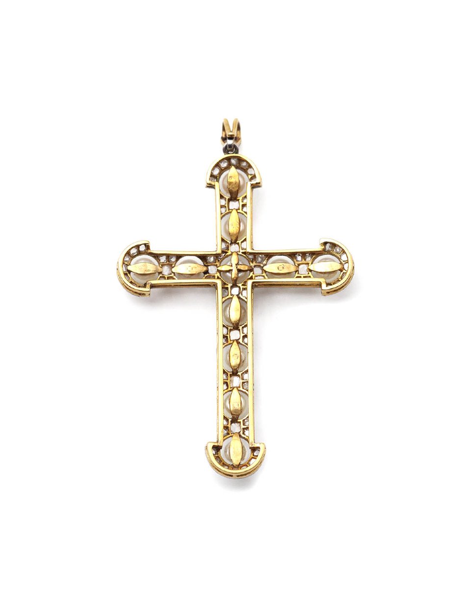 Large Pearl Diamond Cross Pendant In Platinum And 18 Karat Gold-photo-2