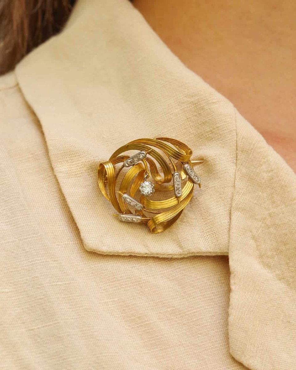Broche roseaux Art nouveau en or 18 karats et platine-photo-2