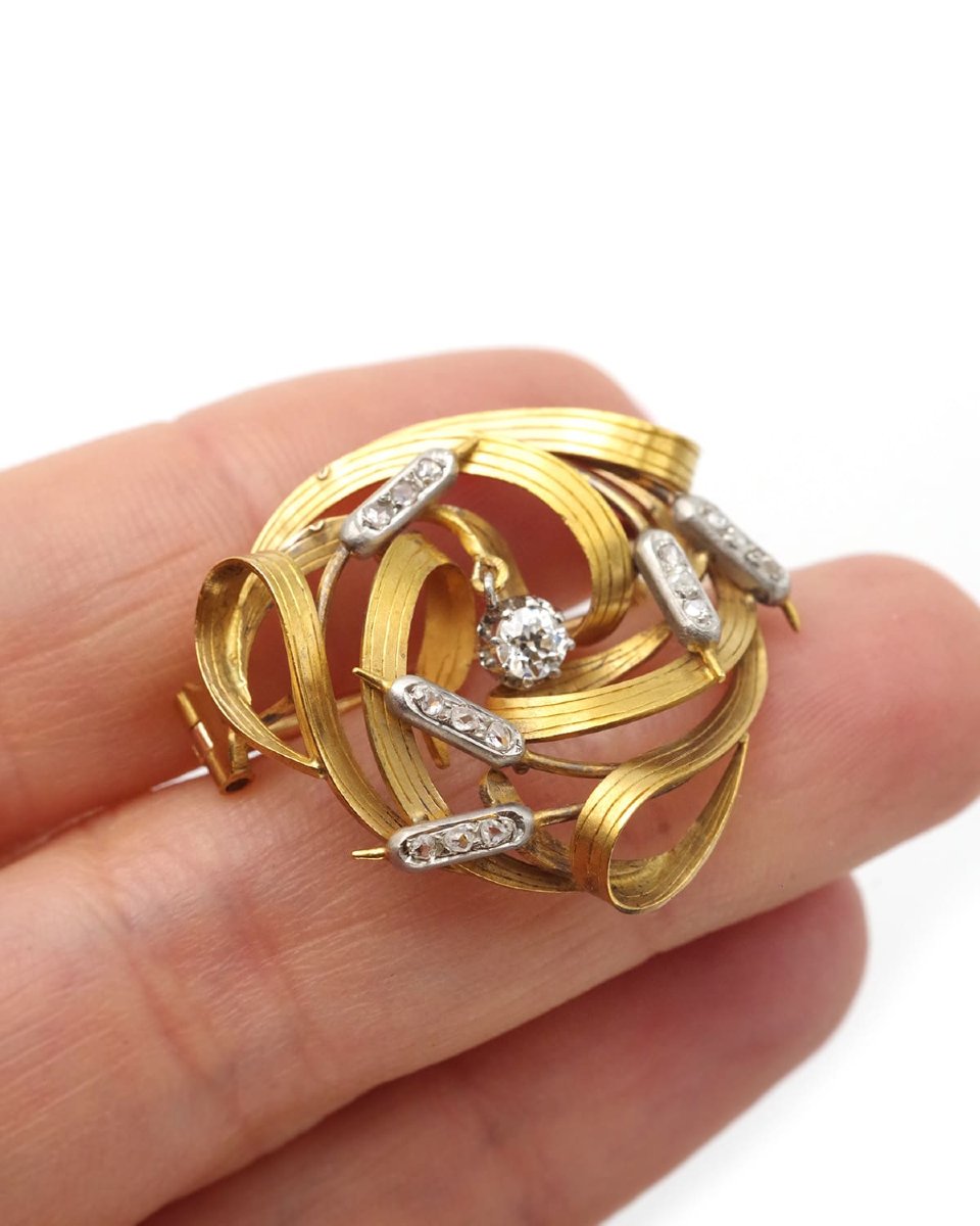Broche roseaux Art nouveau en or 18 karats et platine-photo-4
