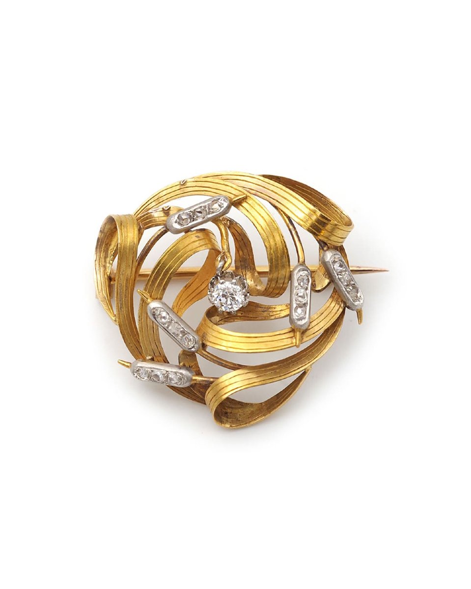 Broche roseaux Art nouveau en or 18 karats et platine