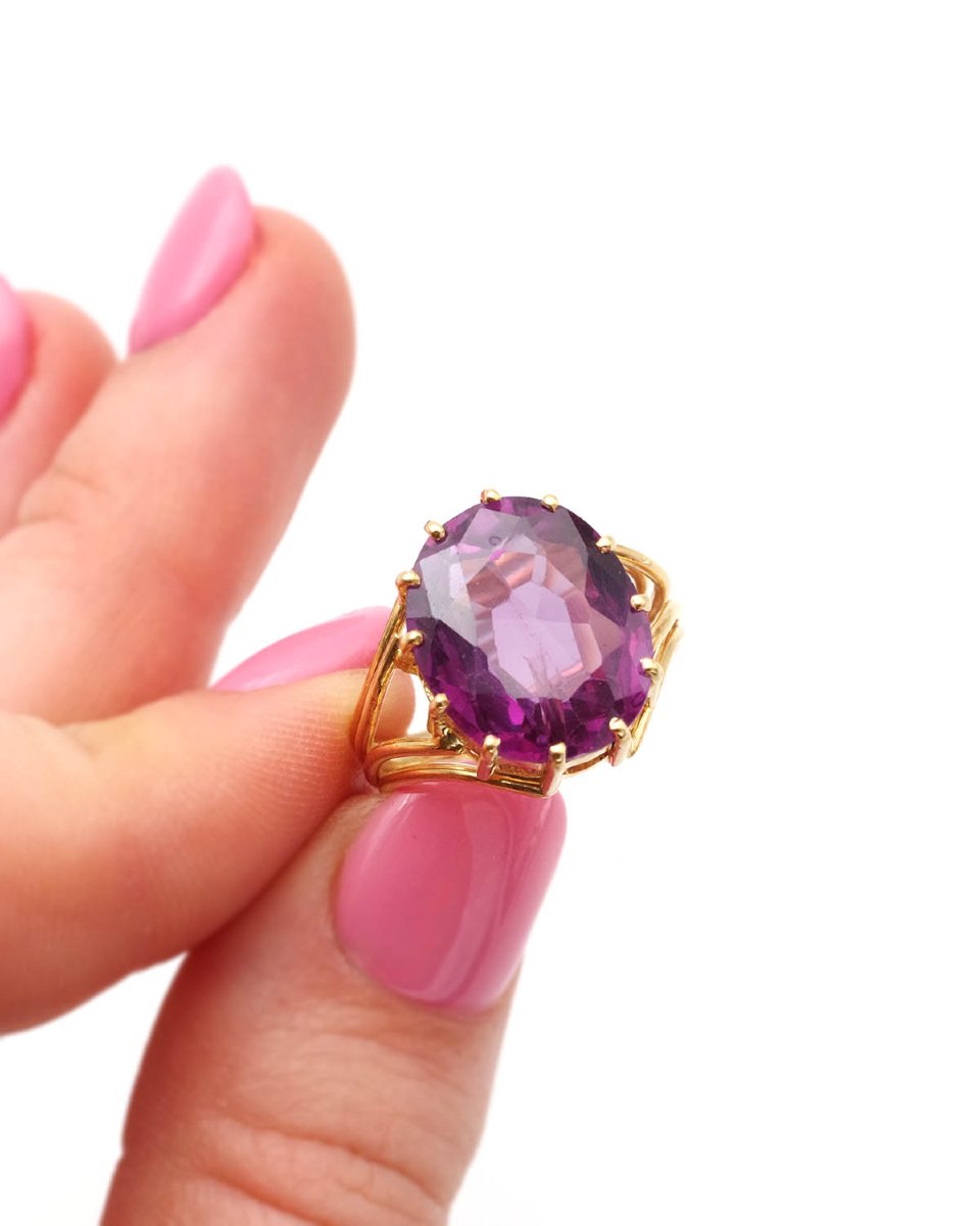 Bague cocktail vintage en or 18 karats, saphir synthétique -photo-2
