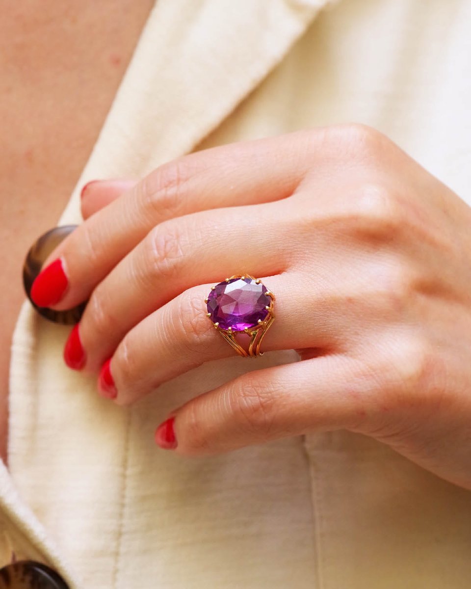 Bague cocktail vintage en or 18 karats, saphir synthétique -photo-4