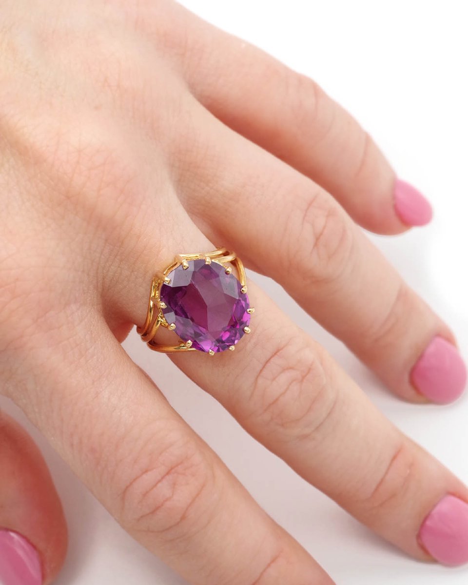 Bague cocktail vintage en or 18 karats, saphir synthétique -photo-1