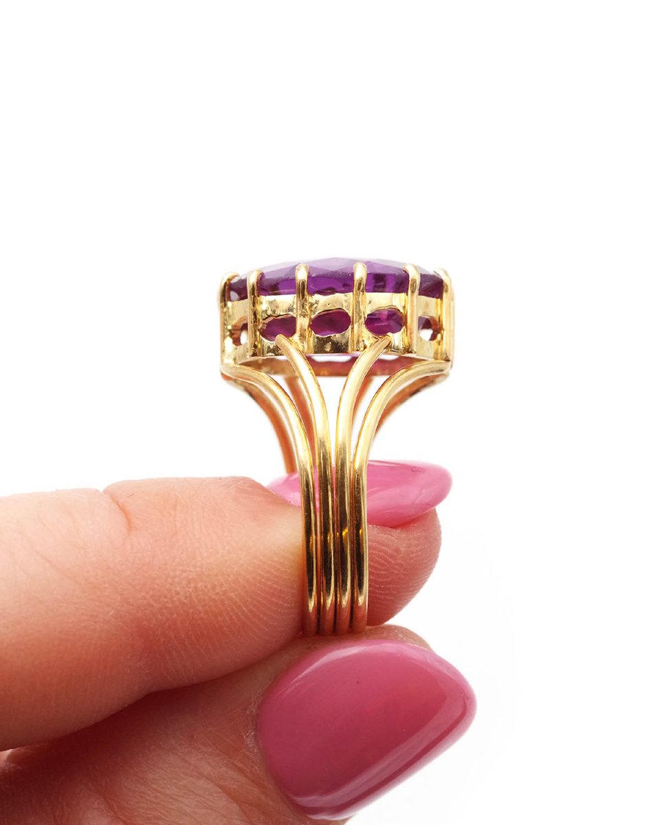 Bague cocktail vintage en or 18 karats, saphir synthétique -photo-2