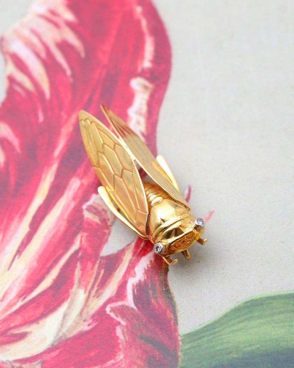 Cicada Diamond Brooch Pendant In 18 Karat Gold And Platinum-photo-2