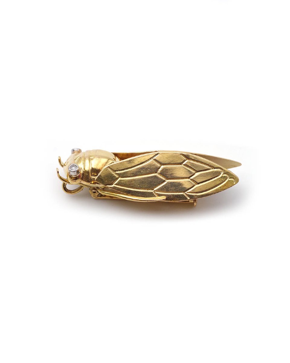 Cicada Diamond Brooch Pendant In 18 Karat Gold And Platinum-photo-3