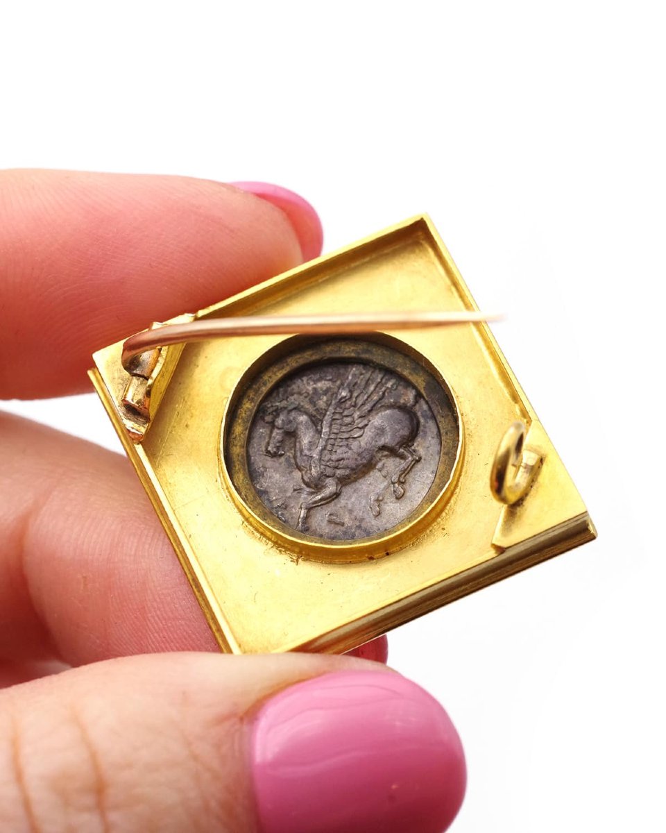 Broche néo étrusque en or 22k avec drachme de Corinthe en argent, 19ème-photo-3