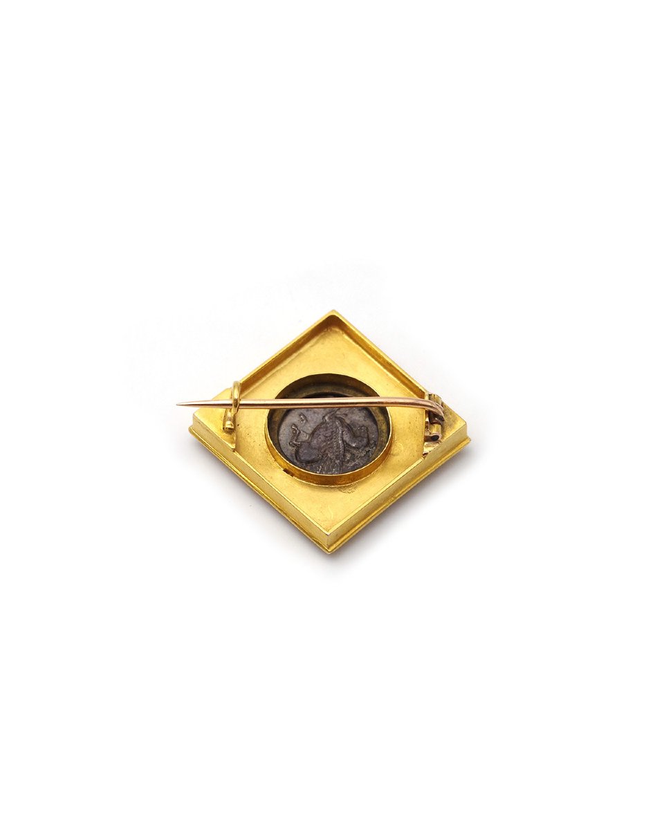 Broche néo étrusque en or 22k avec drachme de Corinthe en argent, 19ème-photo-3
