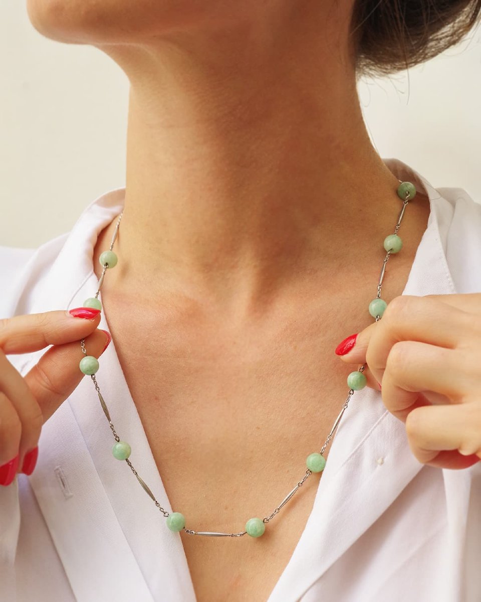 Collier perles d'amazonite en argent, collier fin Art Deco début Rétro-photo-2